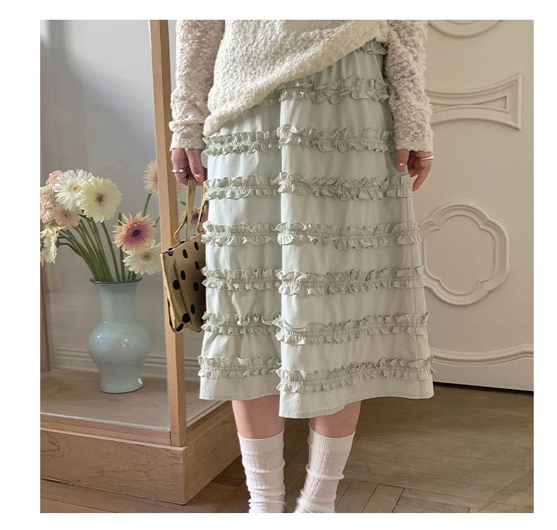 Black Elastic Waist A-Line Midi Skirt with Frill Trim