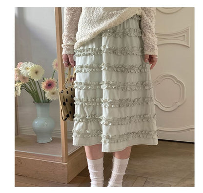 Black Elastic Waist A-Line Midi Skirt with Frill Trim