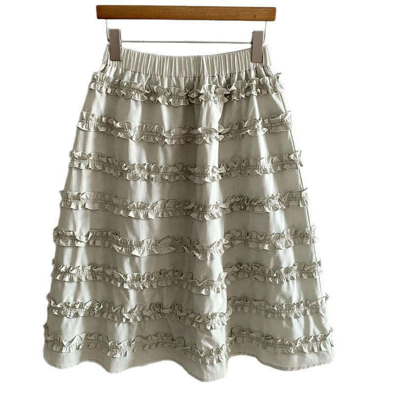 Black Elastic Waist A-Line Midi Skirt with Frill Trim