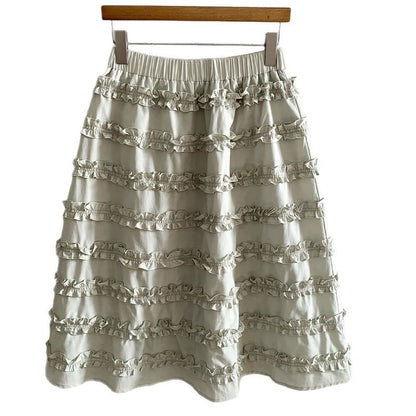 Black Elastic Waist A-Line Midi Skirt with Frill Trim
