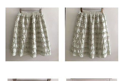 Black Elastic Waist A-Line Midi Skirt with Frill Trim