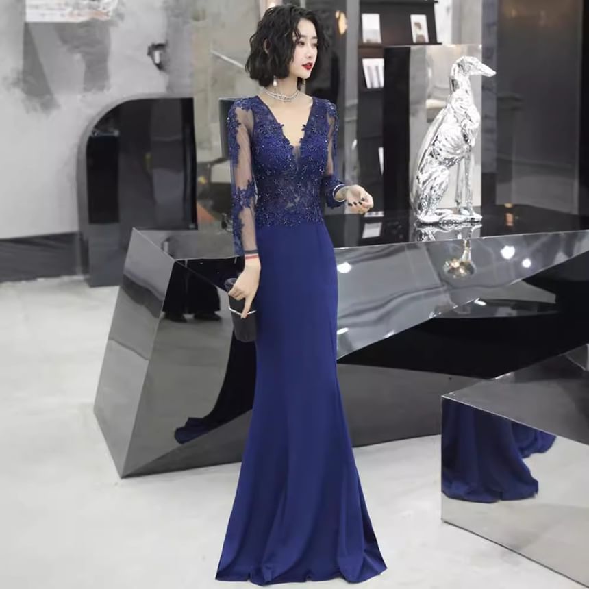 Long-Sleeve V-Neck Lace Panel Mermaid Evening Gown / Sleeveless Evening Gown