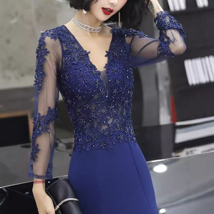 Long-Sleeve V-Neck Lace Panel Mermaid Evening Gown / Sleeveless Evening Gown