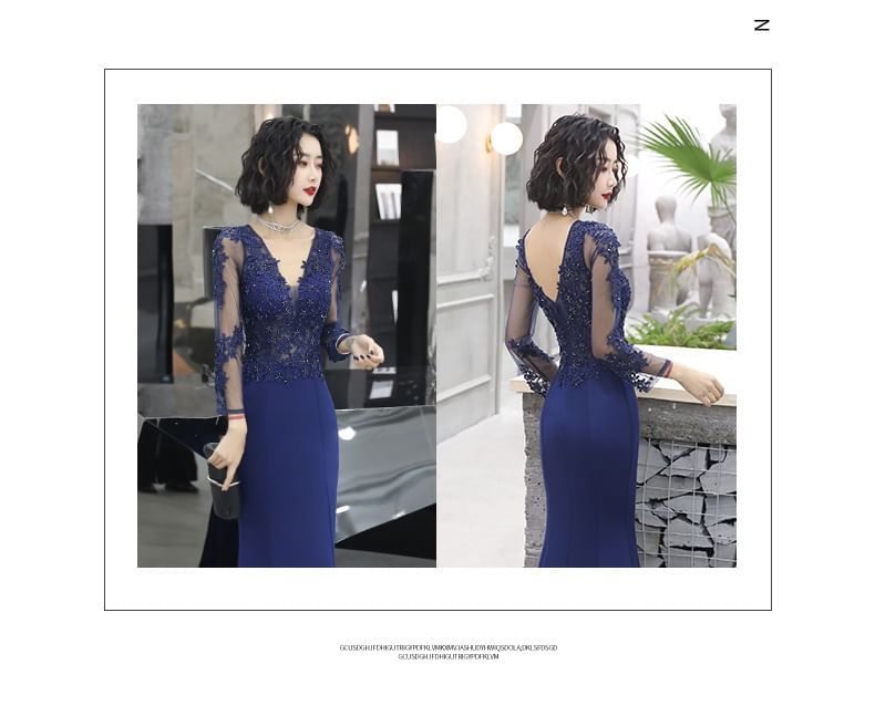 Long-Sleeve V-Neck Lace Panel Mermaid Evening Gown / Sleeveless Evening Gown