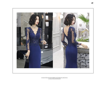 Long-Sleeve V-Neck Lace Panel Mermaid Evening Gown / Sleeveless Evening Gown