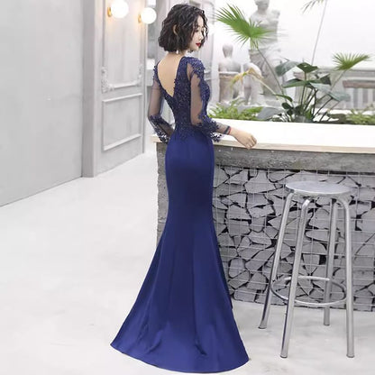 Long-Sleeve V-Neck Lace Panel Mermaid Evening Gown / Sleeveless Evening Gown