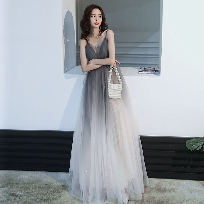 Spaghetti Strap V-Neck Open Back Mesh A-Line Evening Gown