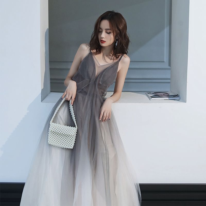 Spaghetti Strap V-Neck Open Back Mesh A-Line Evening Gown