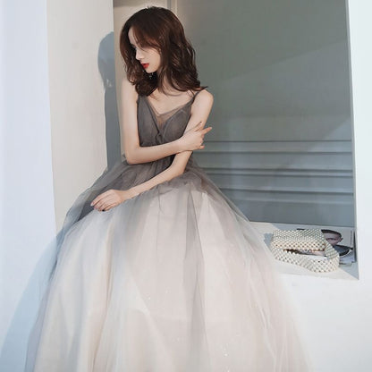 Spaghetti Strap V-Neck Open Back Mesh A-Line Evening Gown