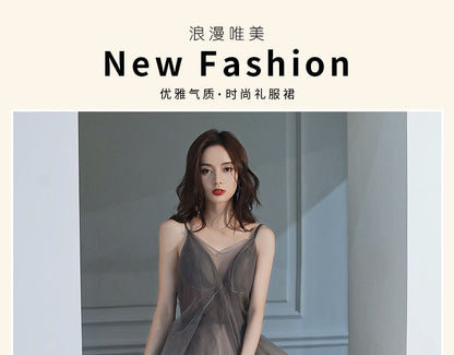 Spaghetti Strap V-Neck Open Back Mesh A-Line Evening Gown