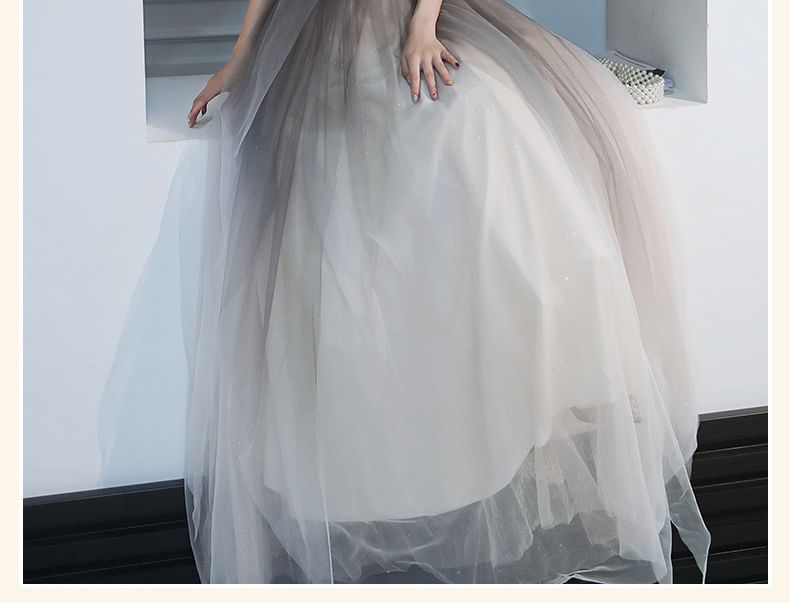 Spaghetti Strap V-Neck Open Back Mesh A-Line Evening Gown