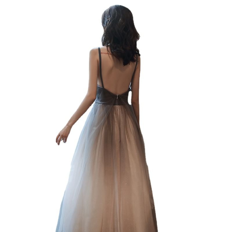 Spaghetti Strap V-Neck Open Back Mesh A-Line Evening Gown
