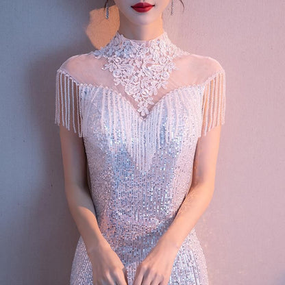 Cap-Sleeve Mock Neck Sheer Panel Sequin Fringed Mermaid Evening Gown