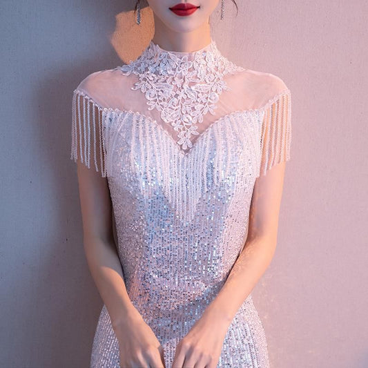 Cap-Sleeve Mock Neck Sheer Panel Sequin Fringed Mermaid Evening Gown