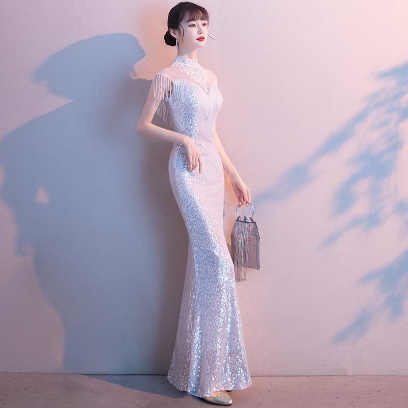 Cap-Sleeve Mock Neck Sheer Panel Sequin Fringed Mermaid Evening Gown