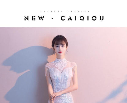 Cap-Sleeve Mock Neck Sheer Panel Sequin Fringed Mermaid Evening Gown