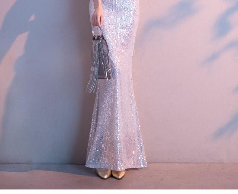 Cap-Sleeve Mock Neck Sheer Panel Sequin Fringed Mermaid Evening Gown