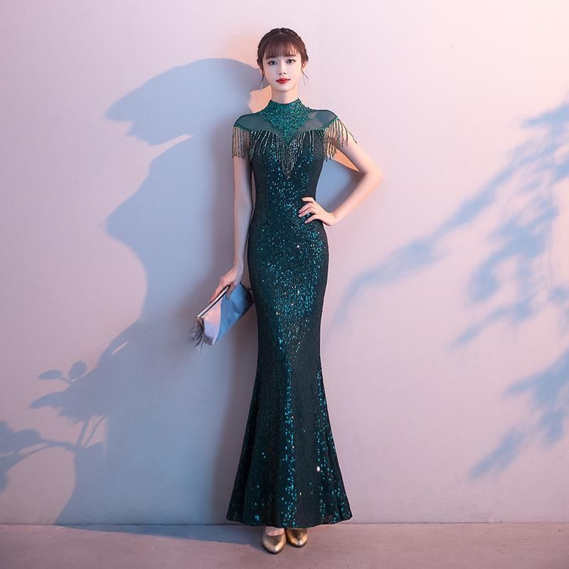 Cap-Sleeve Mock Neck Sheer Panel Sequin Fringed Mermaid Evening Gown