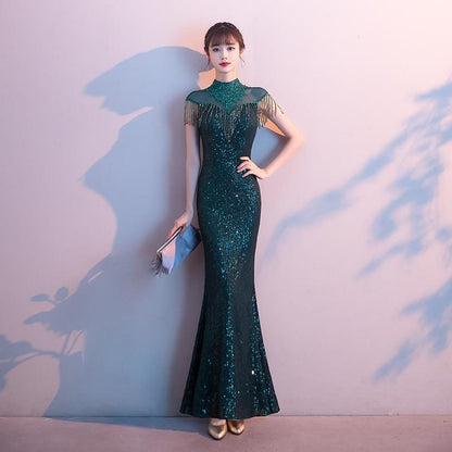 Cap-Sleeve Mock Neck Sheer Panel Sequin Fringed Mermaid Evening Gown