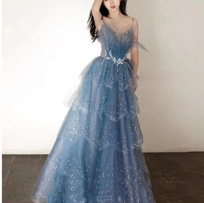 Spaghetti Strap V-Neck Sequin Tiered A-Line Evening Gown