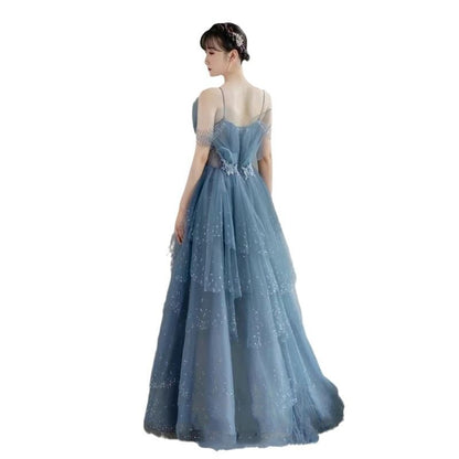 Spaghetti Strap V-Neck Sequin Tiered A-Line Evening Gown