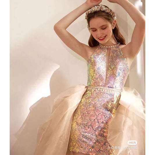 Halter Neck Sequin Cutout Open Back High Low Cocktail Dress