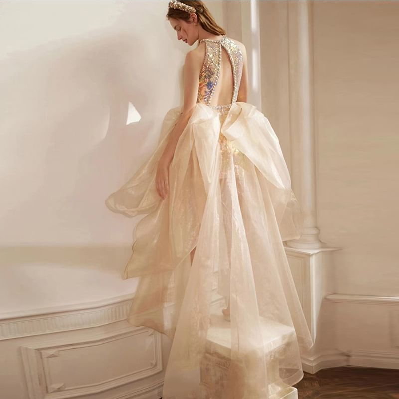 Halter Neck Sequin Cutout Open Back High Low Cocktail Dress