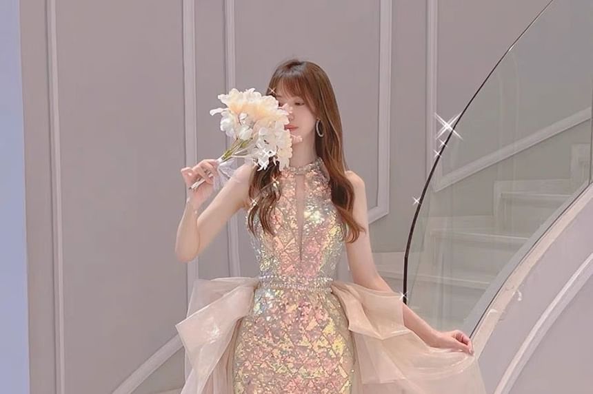 Halter Neck Sequin Cutout Open Back High Low Cocktail Dress