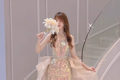 Halter Neck Sequin Cutout Open Back High Low Cocktail Dress