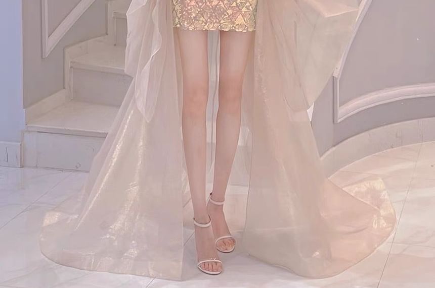 Halter Neck Sequin Cutout Open Back High Low Cocktail Dress