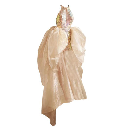 Halter Neck Sequin Cutout Open Back High Low Cocktail Dress