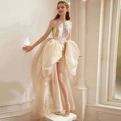 Halter Neck Sequin Cutout Open Back High Low Cocktail Dress