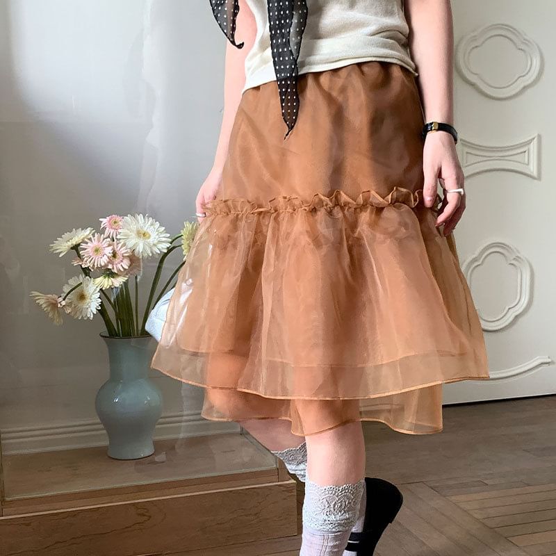Black Ruffle Mesh A-Line Midi Skirt - Altfashion Shop