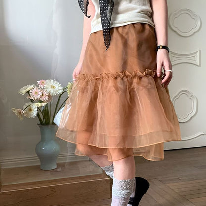 Black Ruffle Mesh A-Line Midi Skirt - Altfashion Shop