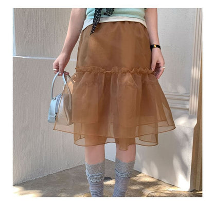 Black Ruffle Mesh A-Line Midi Skirt - Altfashion Shop