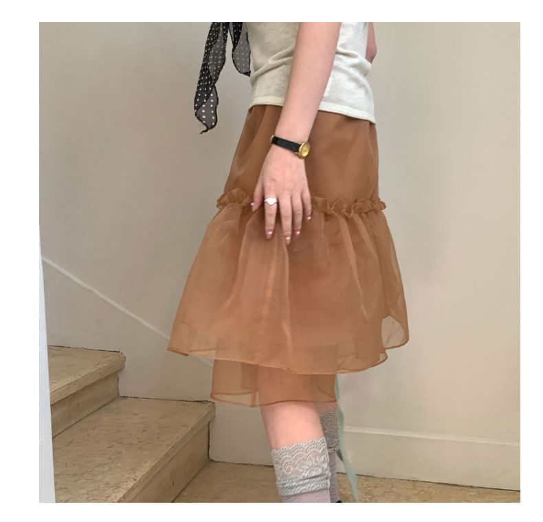 Black Ruffle Mesh A-Line Midi Skirt - Altfashion Shop