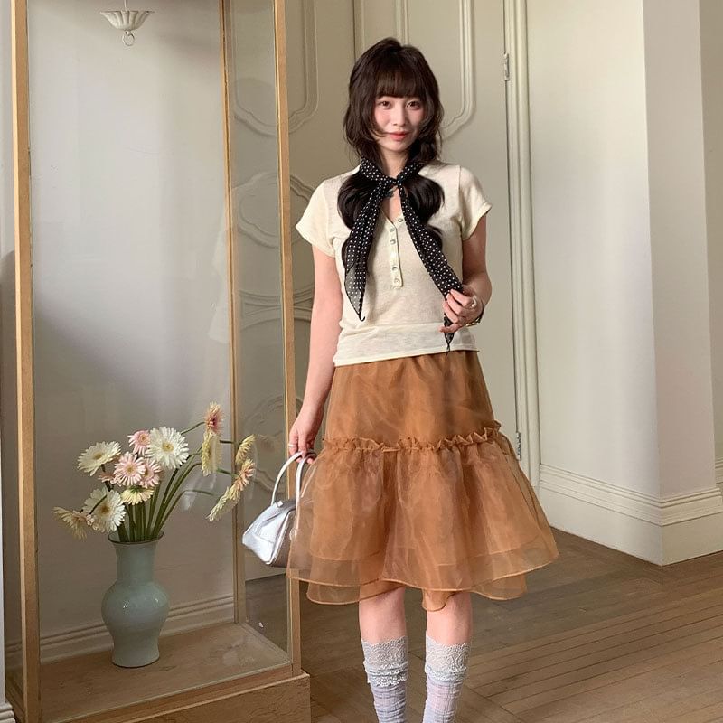 Black Ruffle Mesh A-Line Midi Skirt - Altfashion Shop