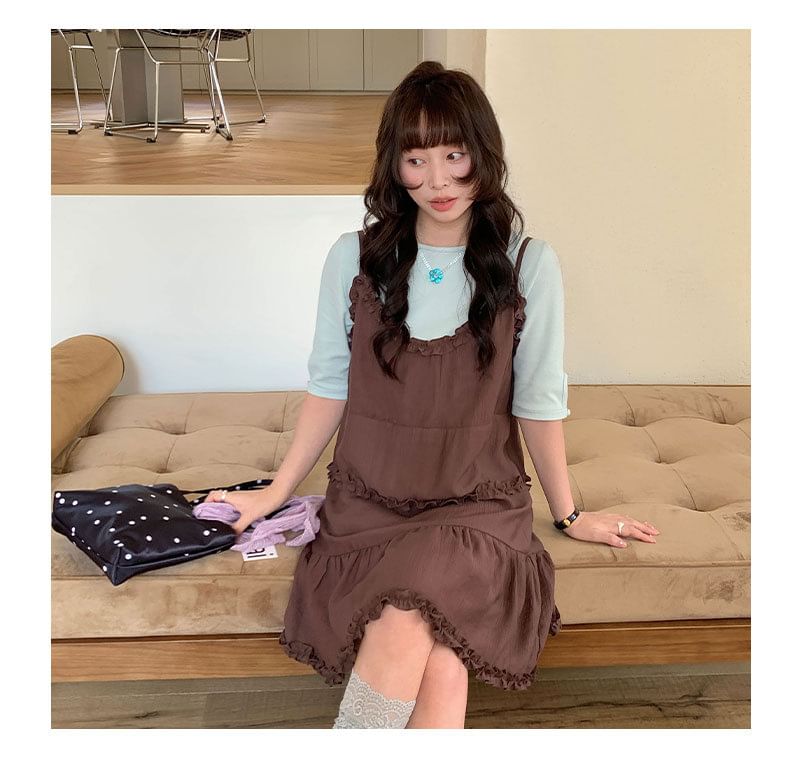 Spaghetti Strap Plain Tiered Frill Mini A-Line Dress