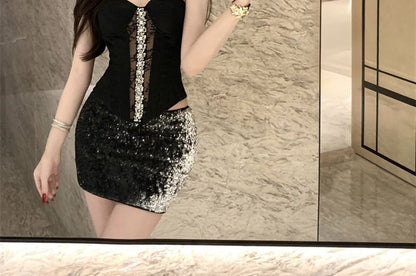 Silver Sequin Crop Top and Mini Skirt Set - Altfashion Shop