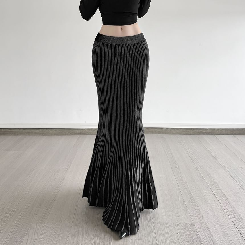 Navy Low-Rise Ribbed Mermaid Maxi Skirt - Altfashion Shop