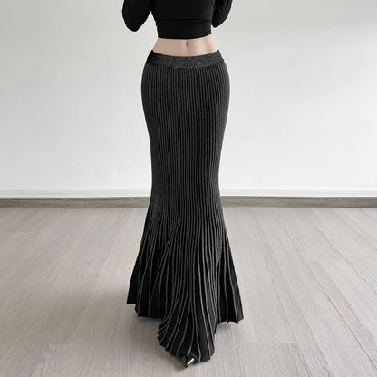 Navy Low-Rise Ribbed Mermaid Maxi Skirt - Altfashion Shop