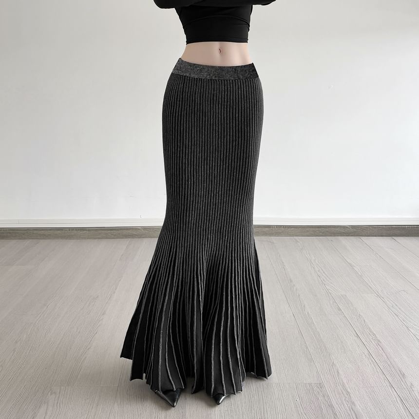 Navy Low-Rise Ribbed Mermaid Maxi Skirt - Altfashion Shop