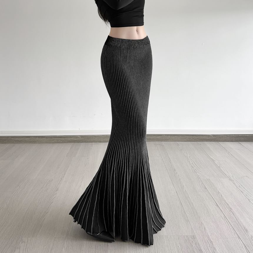 Navy Low-Rise Ribbed Mermaid Maxi Skirt - Altfashion Shop