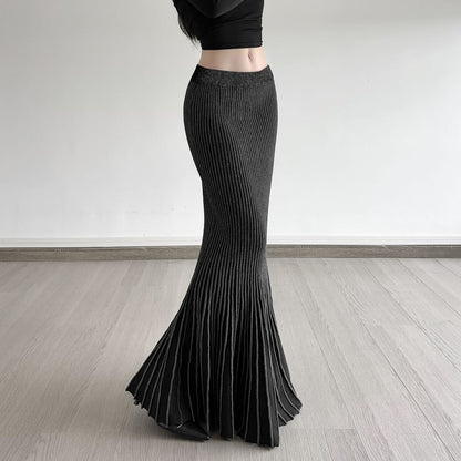 Navy Low-Rise Ribbed Mermaid Maxi Skirt - Altfashion Shop