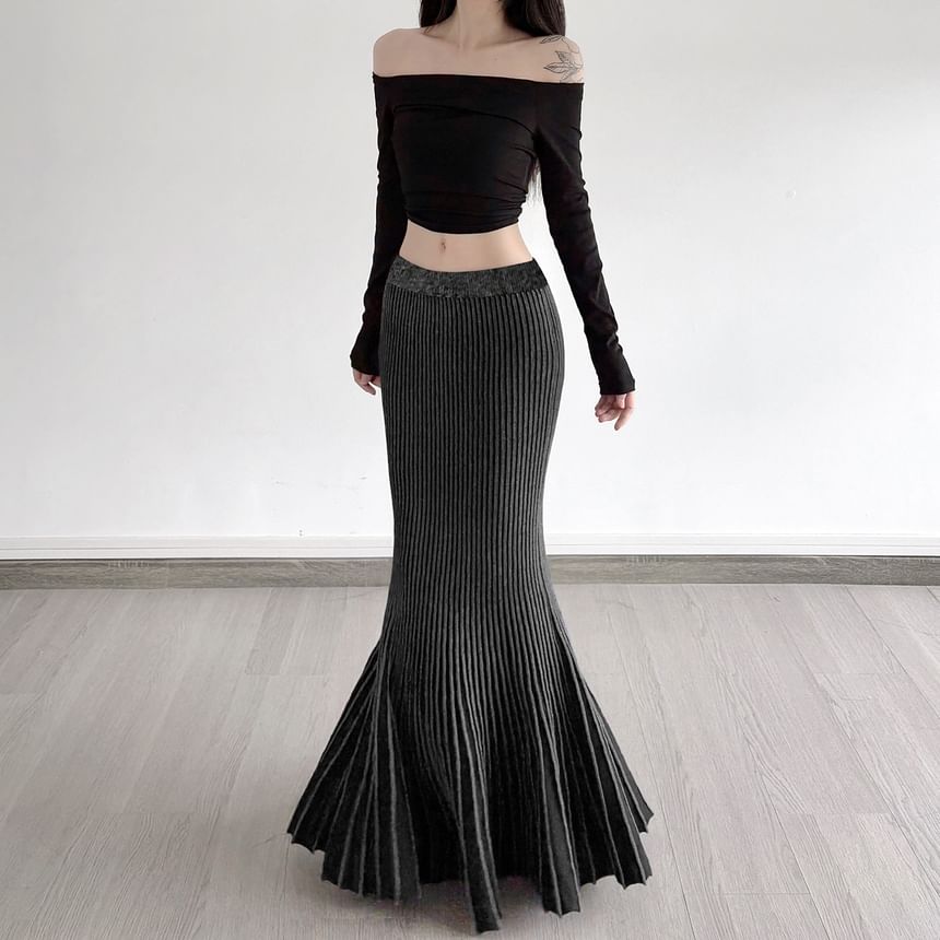 Navy Low-Rise Ribbed Mermaid Maxi Skirt - Altfashion Shop