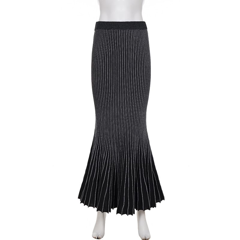 Navy Low-Rise Ribbed Mermaid Maxi Skirt - Altfashion Shop