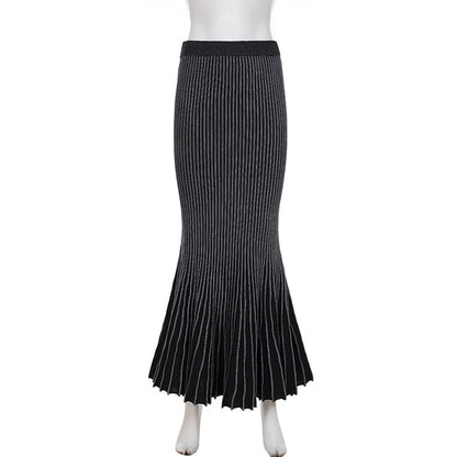 Navy Low-Rise Ribbed Mermaid Maxi Skirt - Altfashion Shop