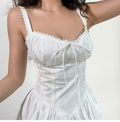 Spaghetti Strap V-Neck Plain Lace Trim Bubble Hem Mini A-Line Dress