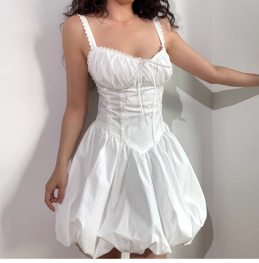 Spaghetti Strap V-Neck Plain Lace Trim Bubble Hem Mini A-Line Dress