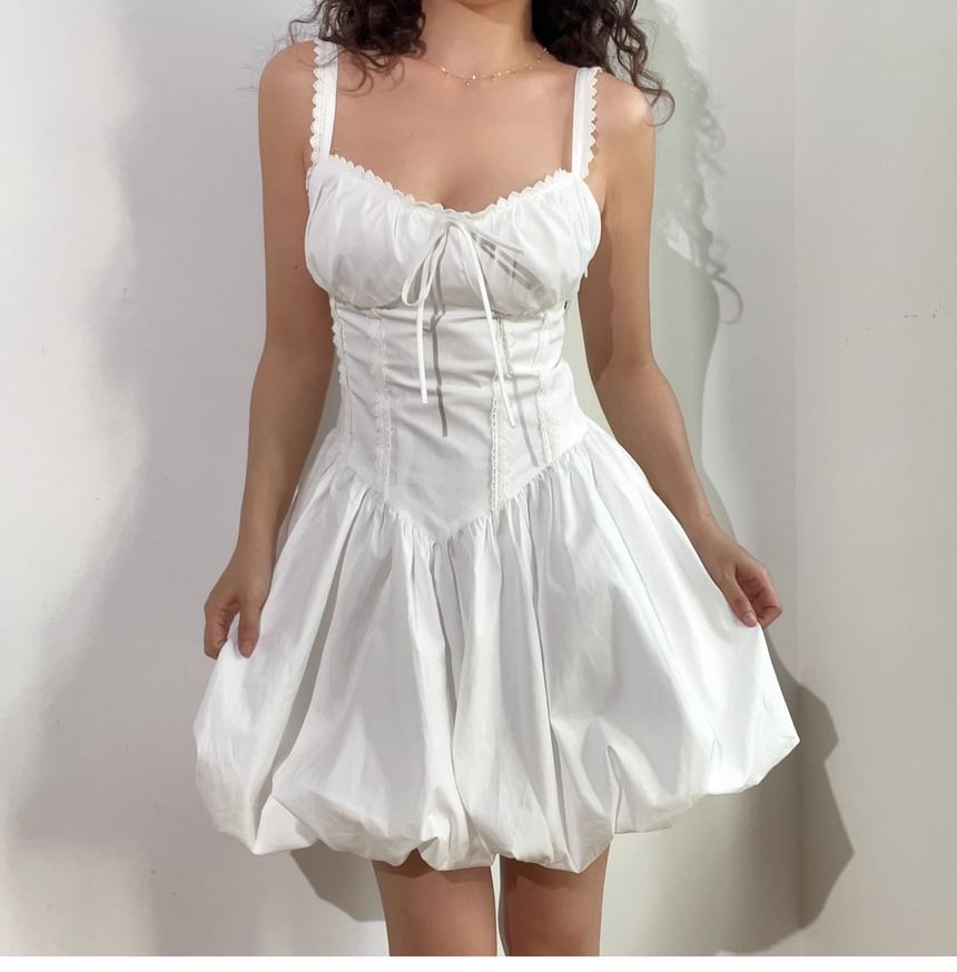 Spaghetti Strap V-Neck Plain Lace Trim Bubble Hem Mini A-Line Dress